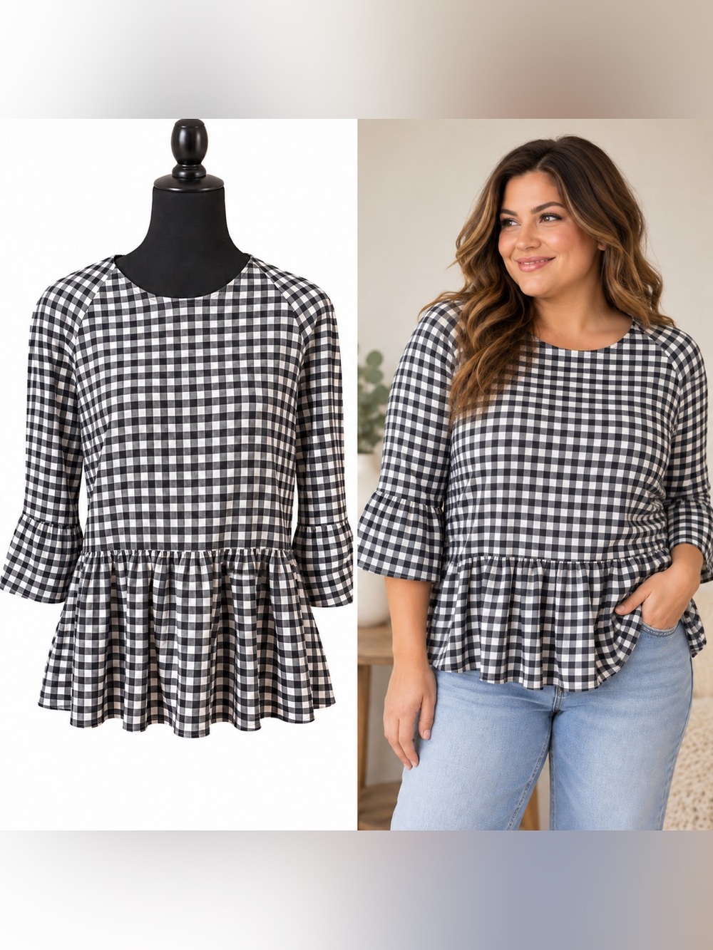 Victoria Beckham for Target Gingham Peplum Bell Sleeve Top XL